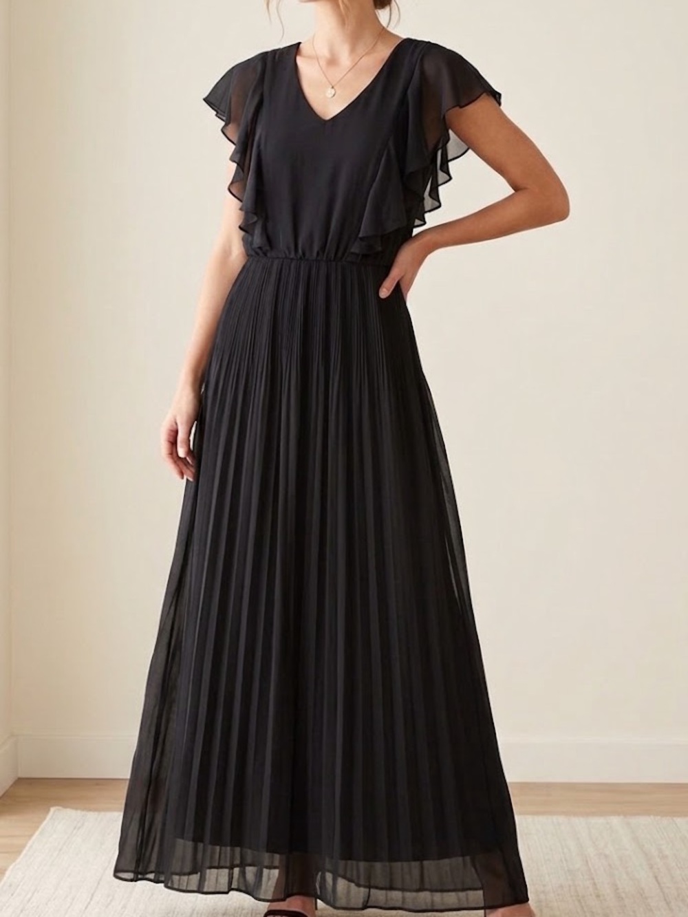 Olivia Matthews Black Pleated Ruffled Maxi Dress 14